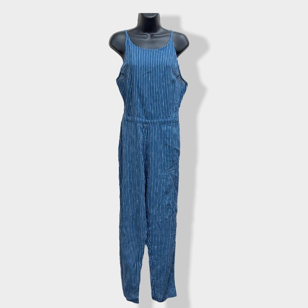WOMEN'S Blue Stripe Open Back Jumpsuit